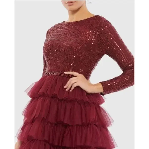 Mac Duggal 26299 Long Sleeve Ruffle Tiered Midi Dress Wine Red size 4